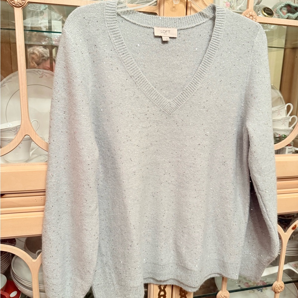 LOFT By Ann Taylor Aquamarine Knitted Cotton Pullover Sweater Women's M Sparkles